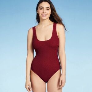 Kona Sol Burgundy Red Ribbed Pucker Textured Square Knit One Piece Swimsuit
